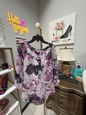 AB Studio Purple Floral Sheer Scoop-Neck Blouse